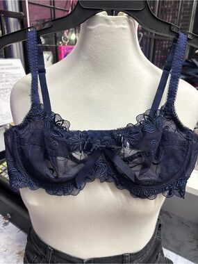 Temptations Navy Sheer Lace Underwire Bra with Center Bow